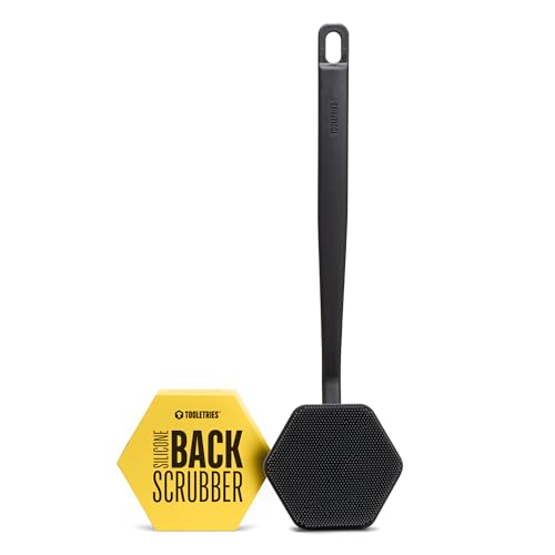 TOOLETRIES Silicone Back Scrubber - Exfoliating Shower Brush, Back Washer for Men, Durable Back Brush with Long Handle - Long Lasting Bath & Shower Accessories - Charcoal