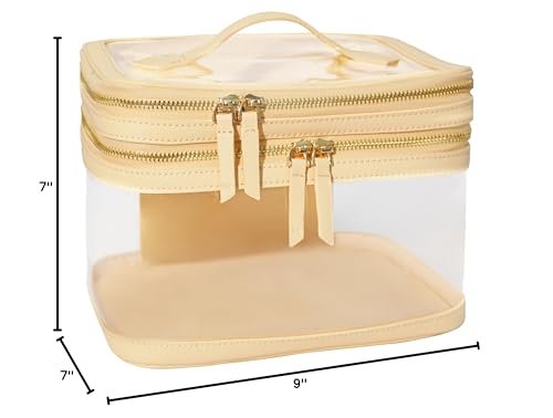 Clear Travel Makeup Bag for Women Organizer with Handle Beige, Extra Large Clear Makeup Bag Toiletry Organizer with Zipper, Clear Cosmetic Travel Bags for Women Skincare Organizer for Traveling Purse