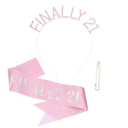Semato 21st Birthday Sash & Rhinestone FINALLY 21 Birthday Headband Kit- Pink 21st Birthday Decorations for Her