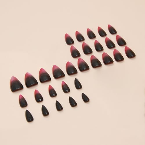 30 Pcs Halloween Press on Nails Short Almond - SHANRUN Rose Red Black Ombre Fake Nails Press ons French Nail Art Tips Glue on Nails Stick on Nails Full Cover Acrylic False Nails with Glitter Design