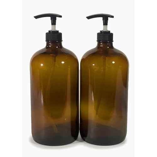 Vivaplex, 2, Large, 32 oz, Empty, Amber Glass Bottles with Black Lotion Pumps