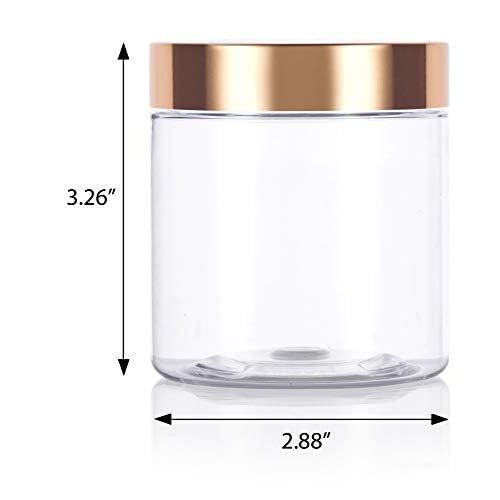 (6 Pack) 8 oz Clear PET Plastic Jar with Luxury Gold Metal Overshell Lid Refillable Storage Airtight