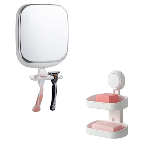 TAILI Shower Mirror Fogless for Shaving & Double Layer Soap Dish, Anti Fog Shaving Mirror NO-Drilling & Removable, Fogless Mirror Shatterproof & Waterproof