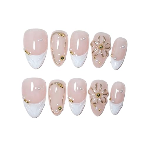 EasierGlow Handmade Short Almond French Press-On Nails - 10 Pcs with Gold Floral Accents