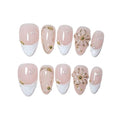 EasierGlow Handmade Short Almond French Press-On Nails - 10 Pcs with Gold Floral Accents