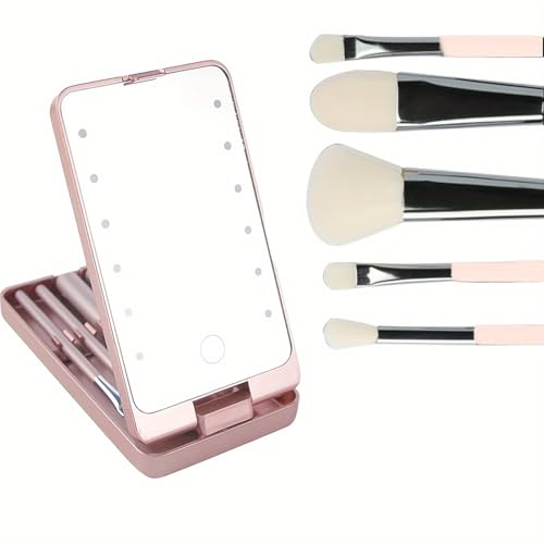 Portable Makeup Mirror with LED Lights, Rechargeable LED Makeup Mirror with Brush Set, for Women, Birthday Gift for Teens (Pink)