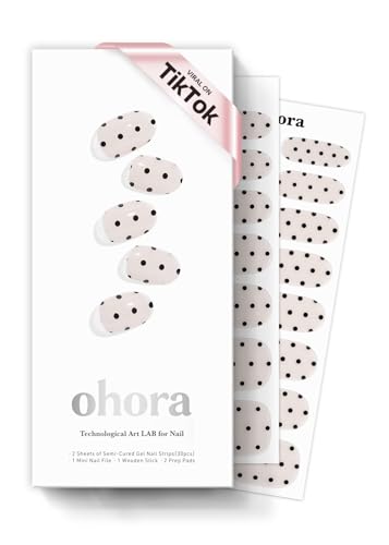 ohora Semi Cured Gel Nail Strips N Polka Noir – Salon-Quality, Long Lasting, Easy to Apply & Remove, Includes Nail Prep & Tools