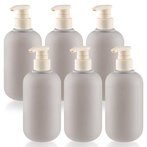 6 Pcs 10 oz Soft Plastic Bottles with Press Pump,Empty Refillable Travel Shampoo Dispenser Container for Hand Soap,Shampoo,Lotion,Body Wash,Conditioner,Silicone Funnel Included (Grey)