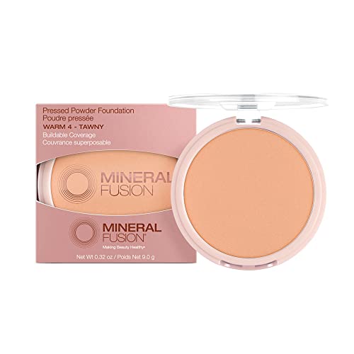 Mineral Fusion Pressed Powder Foundation, Warm 4 - Med/Tan Skin w/Yellowish Undertones, Age Defying Foundation Makeup with Matte Finish, Talc Free Face Powder, Hypoallergenic, Cruelty-Free, 0.32 Oz