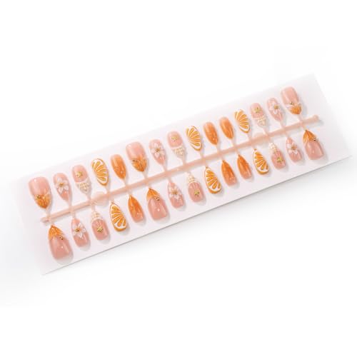 UZJXQ Medium Orange Ombre 3D Shell Gold Fake Nails - Style-3 Short, 24Pcs