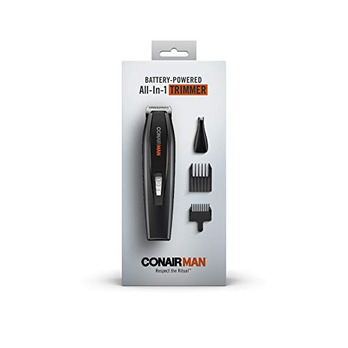ConairMAN All-in-One Beard Trimmer for Men, Includes Nose and Ear Hair Trimmer, with 5-Position Comb Attachment, 4 piece Men's Grooming Kit, Battery Operated