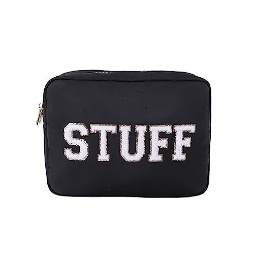 SkyTen Chenille Letter Make Up Bag Nylon Cosmetic Case Stuff Glam Stoney Clover Dupe Travel Organizer (Black, XL)