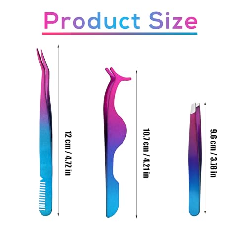 3pcs Eyelash Tweezers, 3 Styles Lash Tweezers with Comb Stainless Steel False Lash Application Tool Eyebrow Tweezers Makeup Tool for Cluster Individual Lash (Purple Blue Gradient)