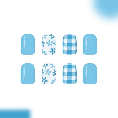 Blue Checkered Press On Nails Short Square 24Pcs