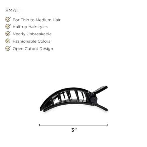 TELETIES - Small Flat Square Clip - For Lying Down, Yoga, Driving & More - Strong Grip, Bendable Teeth, Comfortable Curved Design - Ideal for Thin-Medium Hair - Core Collection - Jet Black