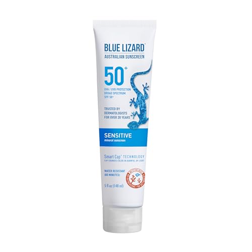 BLUE LIZARD Sensitive Mineral Sunscreen with Zinc Oxide 50+ Water Resistant UVAUVB Protection with Smart Cap Technology Fragrance Free, Sensitve, SPF 50 - - Tube, Unscented, 5 Fl Oz