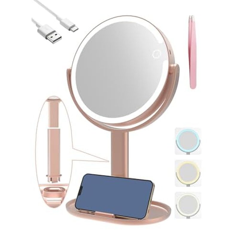 10x Magnifying Mirror with Light,Double Sided Magnified Mirrors,Rechargeable 3 Color Lights and Adjustable Brightness Vanity Mirror,360¡Æ Rotation Detachable for Travel with Tweezer