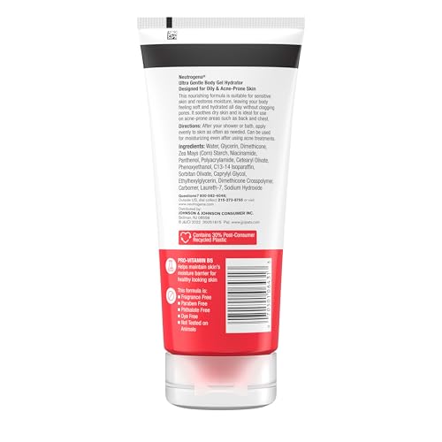 Neutrogena Ultra Gentle Body Gel Hydrator with Pro-Vitamin B5 & Niacinamide Designed for Acne-Prone & Oily Skin, Body Gel Cream Moisturizes Without Clogging Pores, Fragrance-Free, 7.0 oz