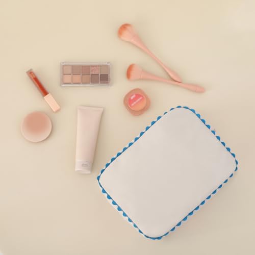Canvas Makeup Bag with Rick Rack Trim, Blue Stripe Cosmetic Organizer