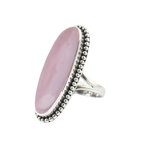 Rose Quartz Gemstone Ring 925 Sterling Silver Handmade Ring For Women Pink Crystal Stone Healing Ring Long Oval Rose Quartz Ring For Love, Friendship, Bridesmaid Gift By NKG