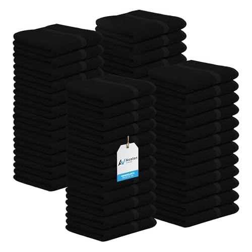 Avalon Towels Cotton Washcloths ? (Pack of 48) Size 12x12 Inches, 100% Ring Spun Cotton, Soft & Absorbent Face Towels, Gym Towels, Hotel and Spa Quality, Reusable Fingertip Towels (Black)