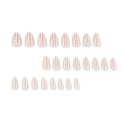 Short Almond Press-On Nails – Pink & White Stripe Artificial Nails Theme