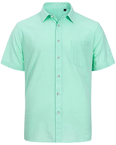 J.VER Men's Short Sleeve Linen Cotton Shirt Casual Button Down Shirt Summer Beach Tops with Pocket Mint Green Medium