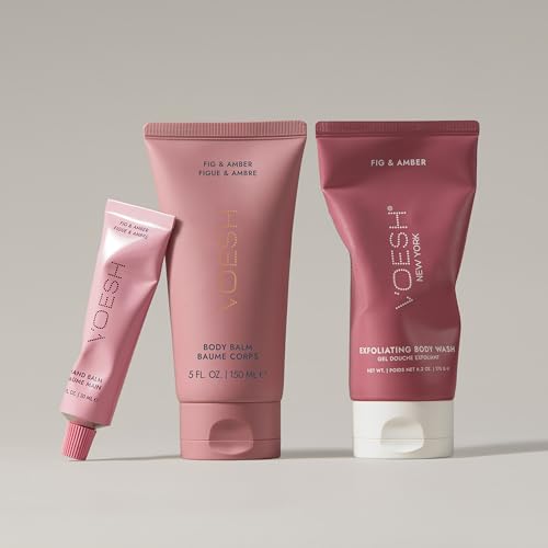 VOESH Hand & Body Glow Gift Set - 3-Piece Gift Set for Radiant Skin - Exfoliating Body Wash, Body Balm & Hand Balm - Vegan K-Beauty Korean Skincare - Fig & Amber Scent