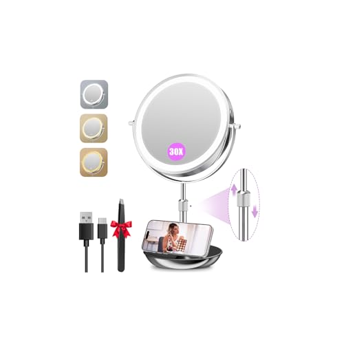 Auxmir 9" Large Lighted Makeup Mirror with Magnification, 1X/30X Double Sided Magnifying Mirror with Adjustable Height, Rechargeable Vanity Mirror with 3 Color Dimmable Lights, 360¡Æ Rotation