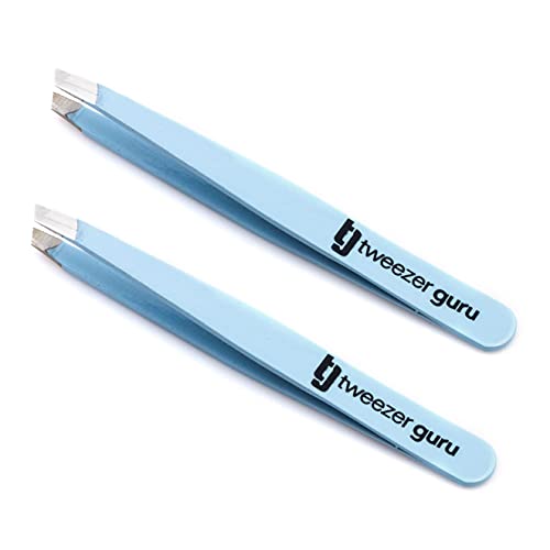 Tweezer Guru Tweezers for Women - 2pc Slant Pointed Precision Tweezers for Eyebrows & Ingrown Hair Removal - Blackhead and Splinter Tweezer with Sharp Needle Nose Point for Plucking (Sky Blue)