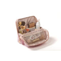 Large Standing Makeup Bag, Sturdy PU Leather Cosmetic Organizer with Fold-Down Phone Tray, Waterproof Travel Toiletry Case with Wipeable TPU Brush Holder, 9.5 Inch, Pink