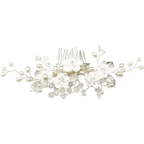 White Flower Bridal Hair Comb with Pearls & Rhinestones