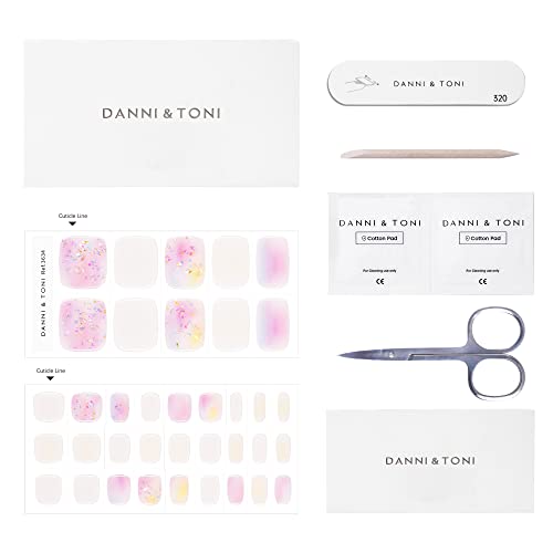 DANNI & TONI Semi Cured Gel Toenail Strips Iridescent (Magical Allure) Gold Silver Sparkles Gel Toenail Stickers Shimmering Toenail Polish Strips 37 Stickers