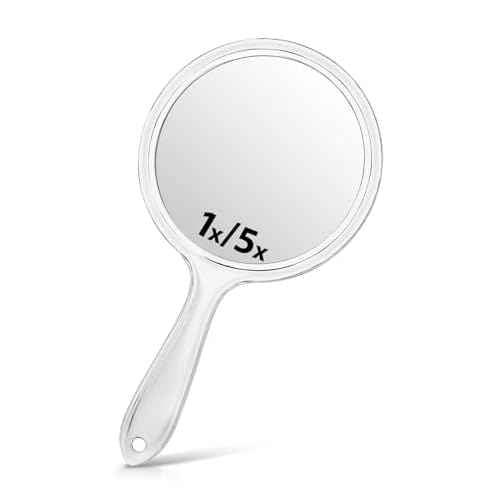 Hand Mirror, Double-Sided 1X/5X Magnifying Mirror with Handle, Acrylic, 8.3" L x 4.5" W, Clear, Pack of 1