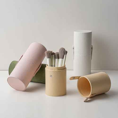 Portable Makeup Brush Holder, Waterproof PU Leather Travel Makeup Brush Case Bag Cup, Brush Storage Dustproof Bag (01Light Pink)