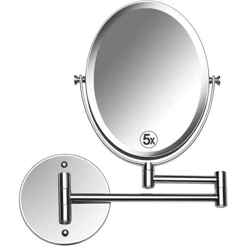 Wall Mounted Bathroom Makeup & Shaving Mirror, Double Sided 5X & 1X Magnification, 13-Inch Extension Swivel Arm, Oval 6.6" x 8.6" Glass Area, Chrome