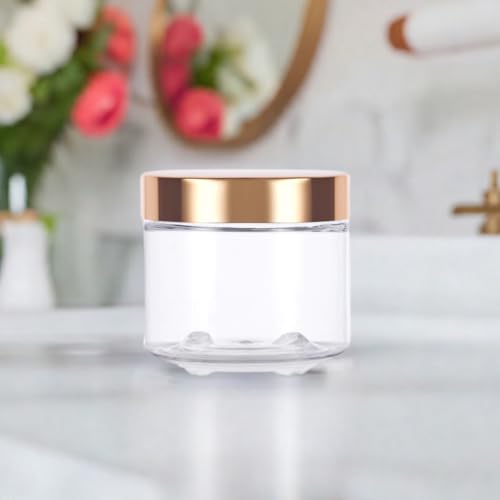 (12 Pack) 6 oz Clear PET Plastic Jar with Gold Metal Overshell Lid + Spatulas