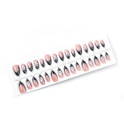 Medium Black & White Polka Dot French Tip Press on Nails with Flowers