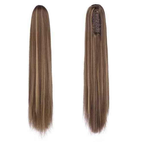 FESHFEN Claw Ponytail Extensions - Long Straight Ponytails for Women Hairpieces Synthetic Hair Pony Tails Extension Clip in Hairpiece, 25 inch Honey Blonde Mixed Light Brown
