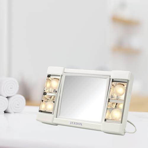 JERDON Two-Sided Makeup Mirror with Lights - Vanity Mirror with 3X Magnification & Glare-Free Lighting - White Base - Model J1010