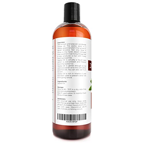 Jojoba Oil - 16 fl oz | 100% Pure and Natural | After Shower Body Oil | Golden, Unrefined, Cold Pressed, Hexane Free