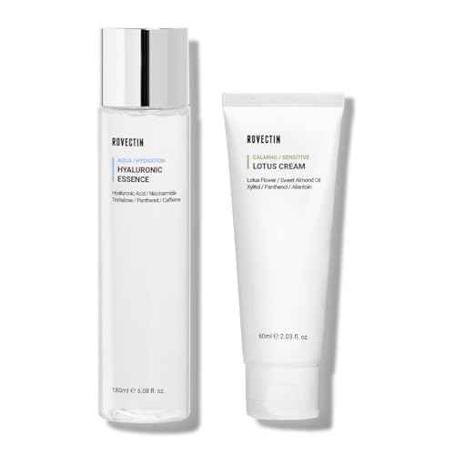 ROVECTIN Calming Lotus Water Cream (2.03 fl.oz, 60ml) Moisturizer + Aqua Hyaluronic Essence (6.08 fl.oz, 180ml) Facial Toner Bundle | Vegan Korean Skincare [2 Pack]