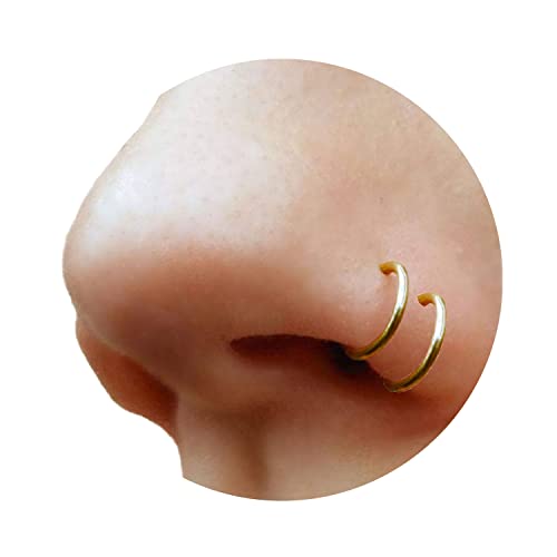 Set of 2 Fake Clip On Nose Rings 20g - Gold Tone Tiny Faux Piercing Hoops - No Piercing Needed