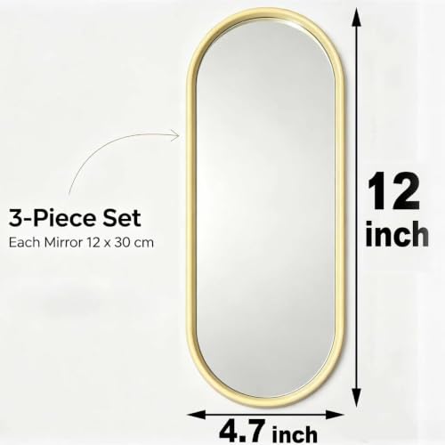 3-Piece Wall Mirror Set with Gold Frame, 12x4.7 inches