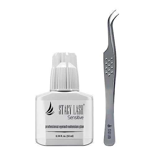 Stacy Lash Sensitive Eyelash Extension Glue 10ml & STL-10 Curved Tweezers for Extensions/Black Adhesive 5-6 Sec Drying Time/Angled Tips/Precision Stainless Steel Tool/Professional Supplies