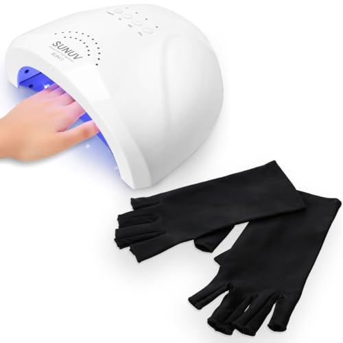 SUNUV UV LED Nail Lamp with UV Gloves for Gel Nails, 2 Timers, Sensor, White