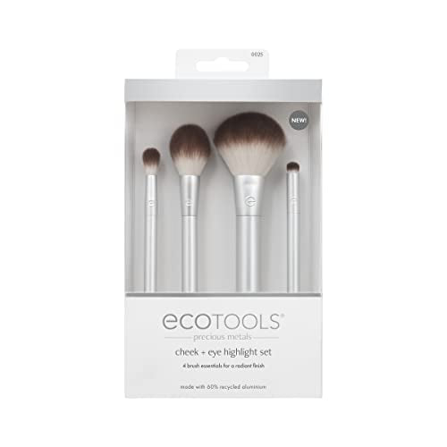 EcoTools Precious Metals Cheek & Eye Highlight Makeup Brush Kit, for Eyeshadow, Blush, & Powder Products, Eco Friendly, Cruelty Free Face Brushes, Recycled Aluminum, Chrome, 4 Piece Set