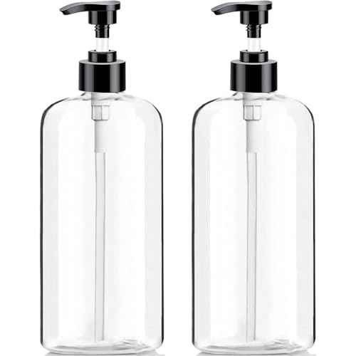 Empty Plastic Pump Bottles Dispenser 2 Pack 32oz/ 1 Liter Portable Clear BPA-Free Cylinder Shampoo Lotion Hand Pump Bottle Durable Refillable Containers (Clear, 32 Oz, 2 Pack)