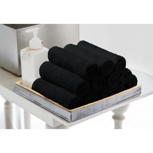 Avalon Towels Cotton Washcloths ? (Pack of 48) Size 12x12 Inches, 100% Ring Spun Cotton, Soft & Absorbent Face Towels, Gym Towels, Hotel and Spa Quality, Reusable Fingertip Towels (Black)