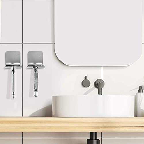 Linkidea 8 Pack Wall Mount Shower Razor Holder Bulk Pack, Wholesale Multi-Pack Self Adhesive Shaver Hooks, Stainless Steel Hanger Compatible with Vikings, Merkur Double Edge Safety Razor(Silver)
